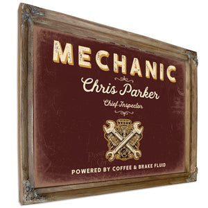 Personalized Mechanic Sign, Powered by Coffee & Brake Fluid, Oxblood & Gold, image 6
