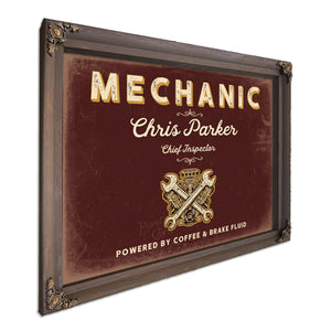 Personalized Mechanic Sign, Powered by Coffee & Brake Fluid, Oxblood & Gold, image 7