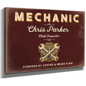 Personalized Mechanic Sign, Powered by Coffee & Brake Fluid, Oxblood & Gold, image 8