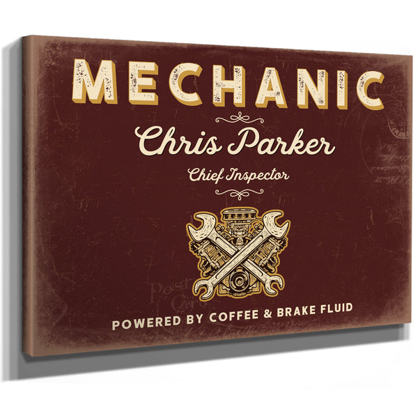 Personalized Mechanic Sign, Powered by Coffee & Brake Fluid, Oxblood & Gold, image 8