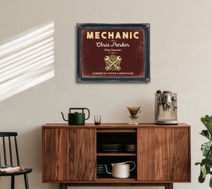 Personalized Mechanic Sign, Powered by Coffee & Brake Fluid, Oxblood & Gold, image 15