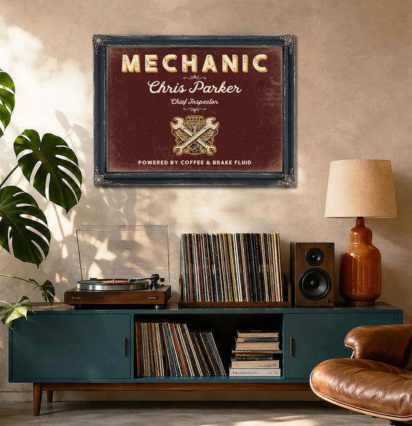Personalized Mechanic Sign, Powered by Coffee & Brake Fluid, Oxblood & Gold, image 20