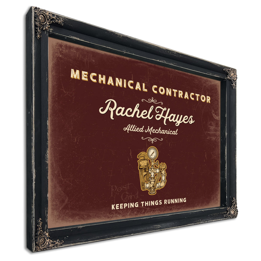 Personalized Mechanical Contractor Sign, Keeping Things Running, Oxblood & Gold, image 1