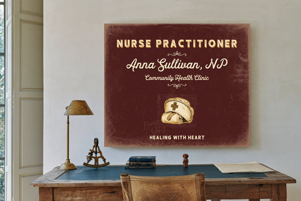 Personalized Nurse Practitioner Sign, Healing With Heart, Oxblood & Gold, image 2