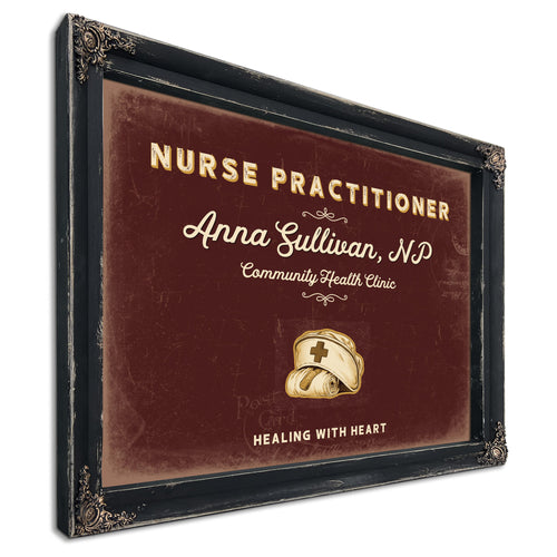Personalized Nurse Practitioner Sign, Healing With Heart, Oxblood & Gold, image 1
