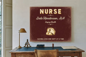 Personalized Nurse Sign, Saving Lives One Shift at a Time, Oxblood & Gold, image 2