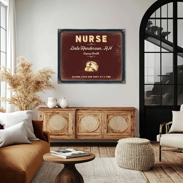 Personalized Nurse Sign, Saving Lives One Shift at a Time, Oxblood & Gold, image 4