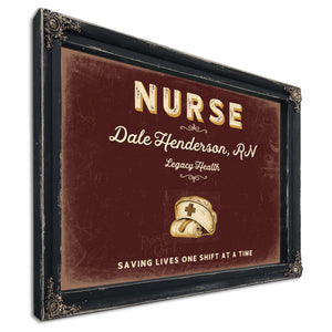 Personalized Nurse Sign, Saving Lives One Shift at a Time, Oxblood & Gold, image 1