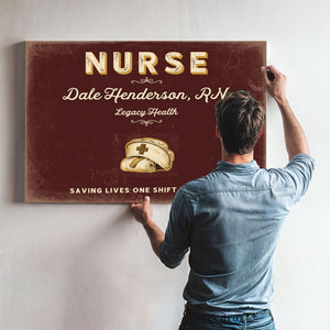 Personalized Nurse Sign, Saving Lives One Shift at a Time, Oxblood & Gold, image 9