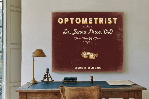 Personalized Optometrist Sign, Seeing Is Believing, Oxblood & Gold, image 2
