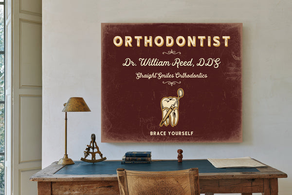 Personalized Orthodontist Sign, Brace Yourself, Oxblood & Gold, image 2