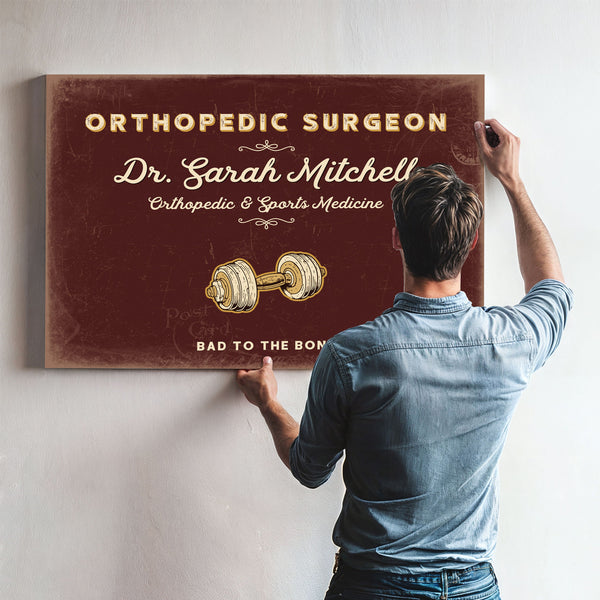 Personalized Orthopedic Surgeon Sign, Bad to the Bone, Oxblood & Gold, image 9