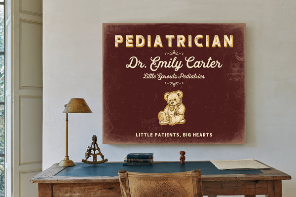 Personalized Pediatrician Sign, Little Patients, Big Hearts, Oxblood & Gold, image 2