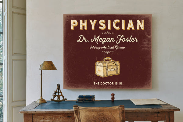 Personalized Physician Sign, The Doctor Is In, Oxblood & Gold, image 2