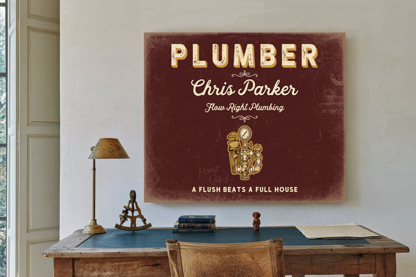 Personalized Plumber Sign, A Flush Beats a Full House, Oxblood & Gold, image 2