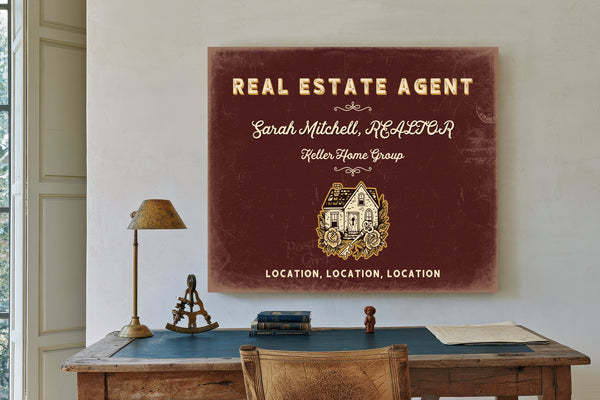 Personalized Real Estate Agent Sign, Location, Location, Location, Oxblood & Gold, image 2