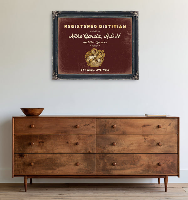 Personalized Registered Dietitian Sign, Eat Well, Live Well, Oxblood & Gold, image 19