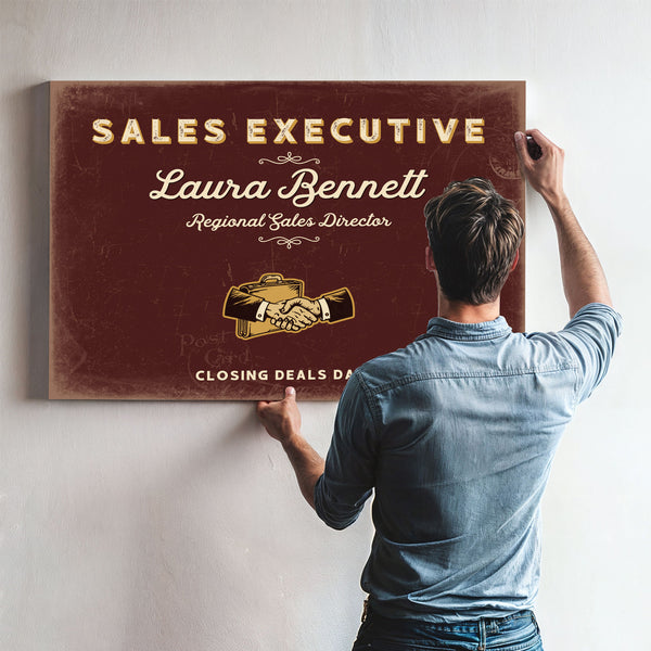Personalized Sales Executive Sign, Closing Deals Daily, Oxblood & Gold, image 9
