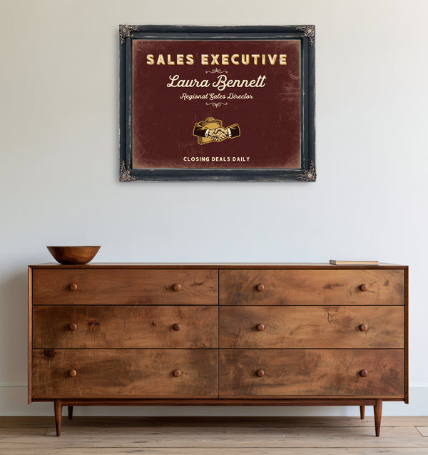 Personalized Sales Executive Sign, Closing Deals Daily, Oxblood & Gold, image 19