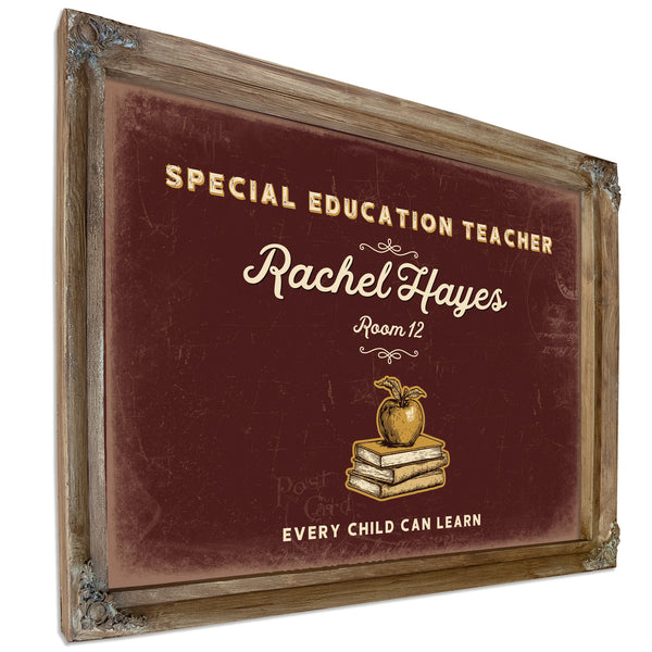 Personalized Special Education Teacher Sign, Every Child Can Learn, Oxblood & Gold, image 6