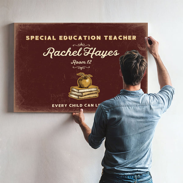 Personalized Special Education Teacher Sign, Every Child Can Learn, Oxblood & Gold, image 9