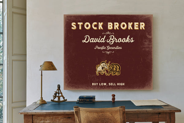 Personalized Stock Broker Sign, Buy Low, Sell High, Oxblood & Gold, image 2