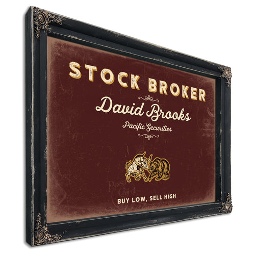 Personalized Stock Broker Sign, Buy Low, Sell High, Oxblood & Gold, image 1