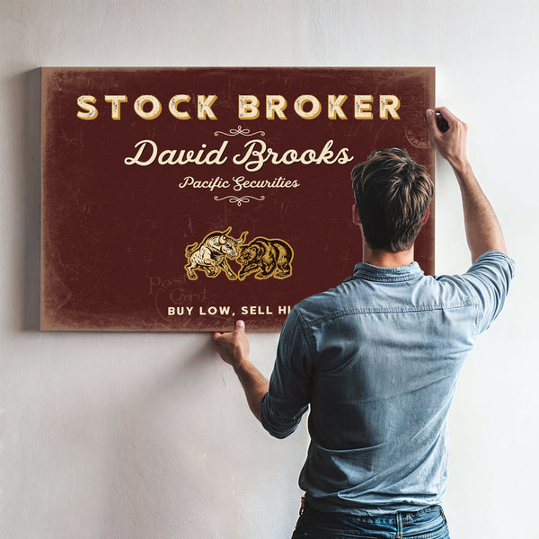 Personalized Stock Broker Sign, Buy Low, Sell High, Oxblood & Gold, image 9
