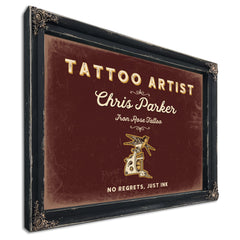 Personalized Tattoo Artist Sign, No Regrets, Just Ink, Oxblood & Gold, image 1