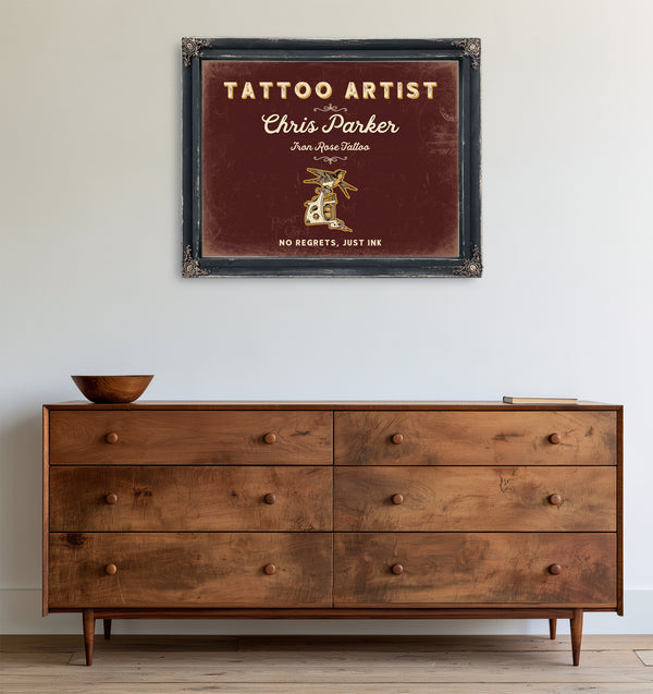 Personalized Tattoo Artist Sign, No Regrets, Just Ink, Oxblood & Gold, image 19