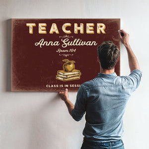 Personalized Teacher Sign, Class Is in Session, Oxblood & Gold, image 9