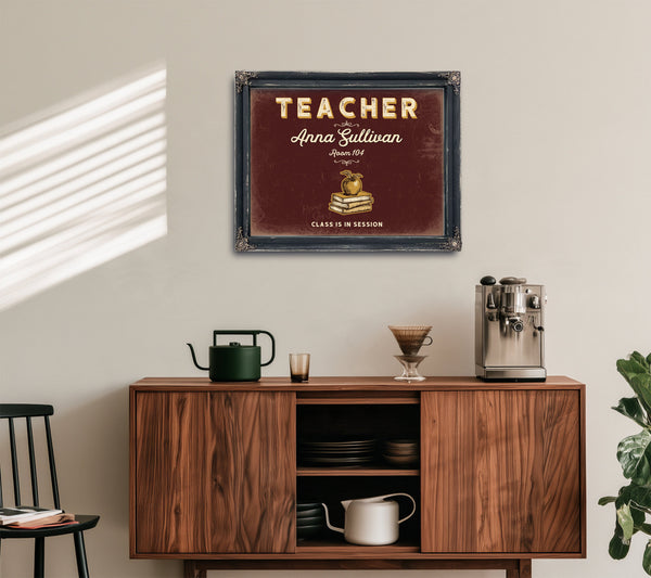 Personalized Teacher Sign, Class Is in Session, Oxblood & Gold, image 15