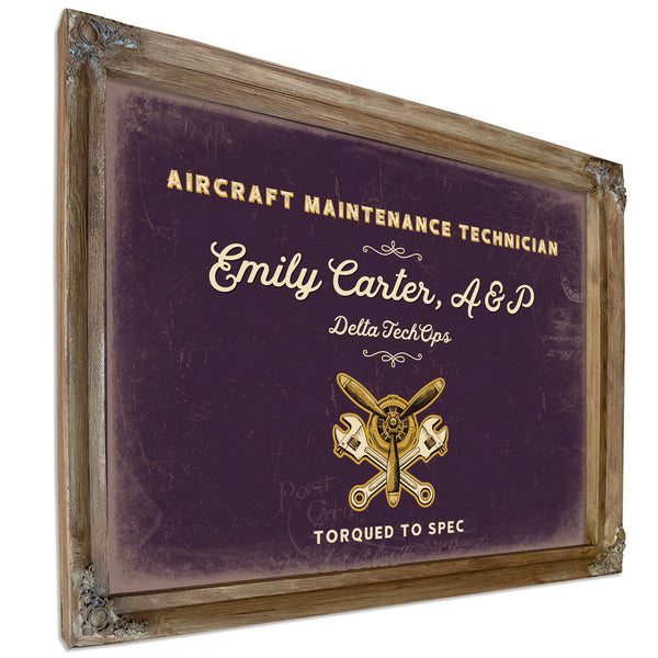Personalized Aircraft Maintenance Technician Sign, Torqued to Spec, Plum & Mustard, image 6