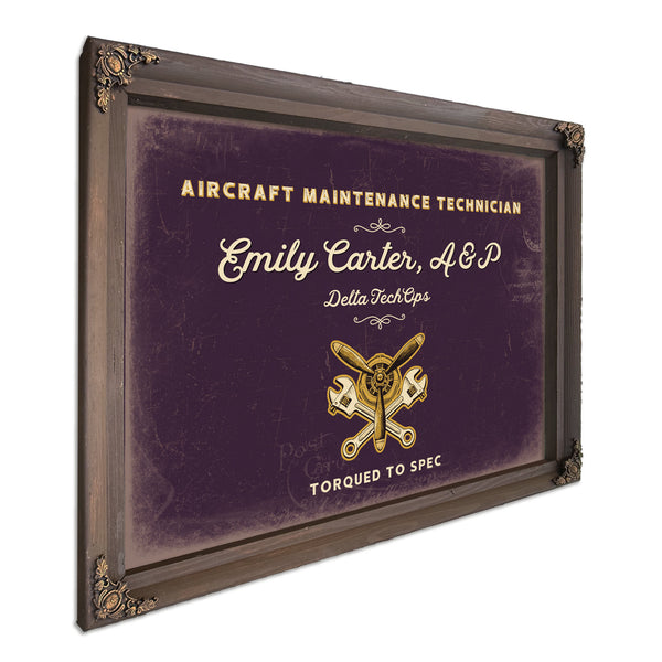 Personalized Aircraft Maintenance Technician Sign, Torqued to Spec, Plum & Mustard, image 7