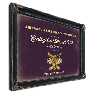 Personalized Aircraft Maintenance Technician Sign, Torqued to Spec, Plum & Mustard, image 1