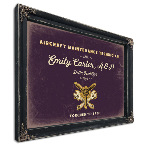 Personalized Aircraft Maintenance Technician Sign, Torqued to Spec, Plum & Mustard, image 1