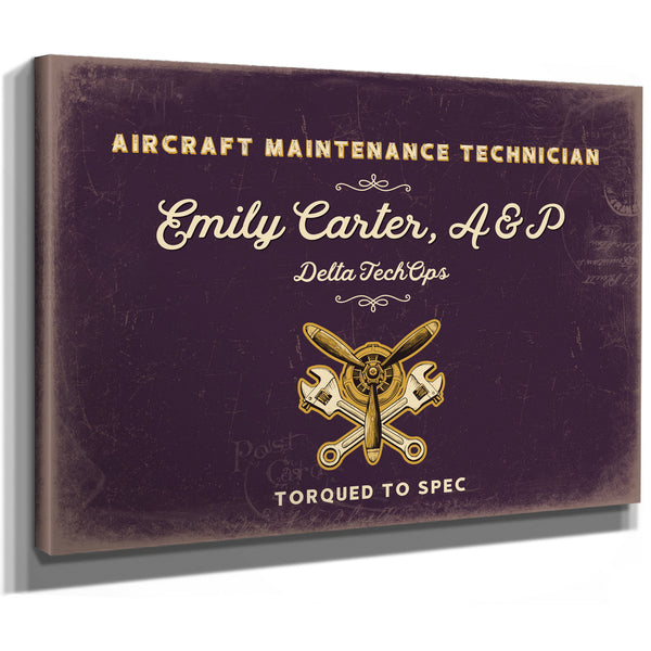 Personalized Aircraft Maintenance Technician Sign, Torqued to Spec, Plum & Mustard, image 8