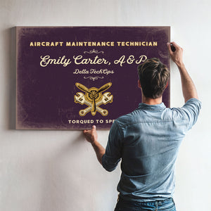 Personalized Aircraft Maintenance Technician Sign, Torqued to Spec, Plum & Mustard, image 9