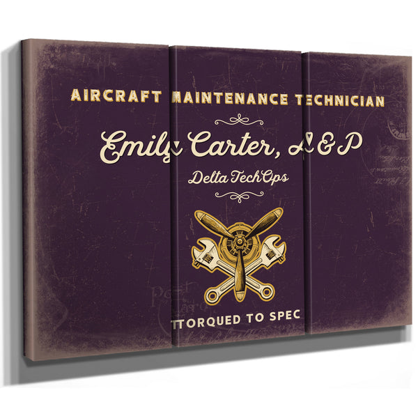 Personalized Aircraft Maintenance Technician Sign, Torqued to Spec, Plum & Mustard, image 14