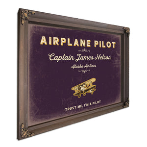 Personalized Airplane Pilot Sign, Trust Me, I'm a Pilot, Plum & Mustard, image 7