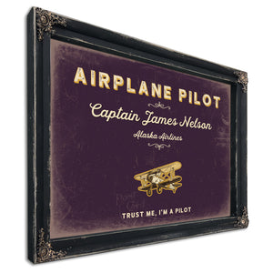 Personalized Airplane Pilot Sign, Trust Me, I'm a Pilot, Plum & Mustard, image 1