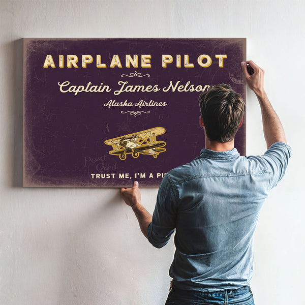 Personalized Airplane Pilot Sign, Trust Me, I'm a Pilot, Plum & Mustard, image 9