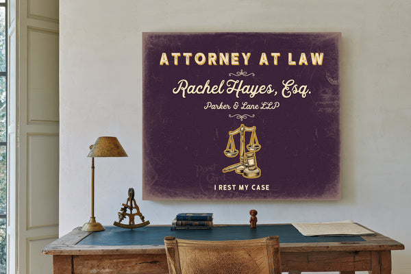 Personalized Attorney at Law Sign, I Rest My Case, Plum & Mustard, image 2