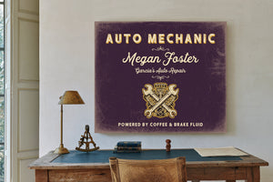 Personalized Auto Mechanic Sign, Powered by Coffee & Brake Fluid, Plum & Mustard, image 2