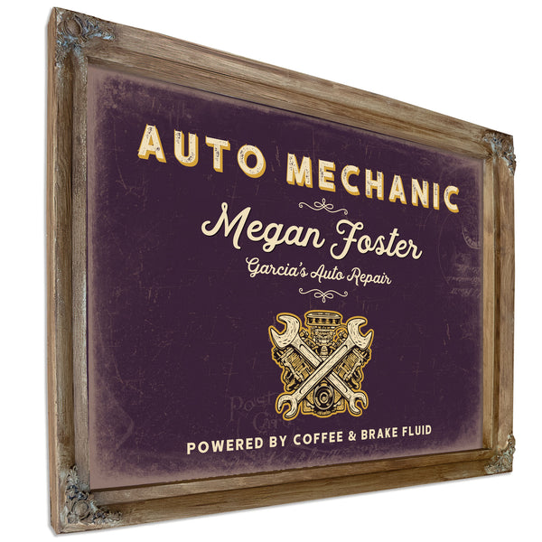 Personalized Auto Mechanic Sign, Powered by Coffee & Brake Fluid, Plum & Mustard, image 6