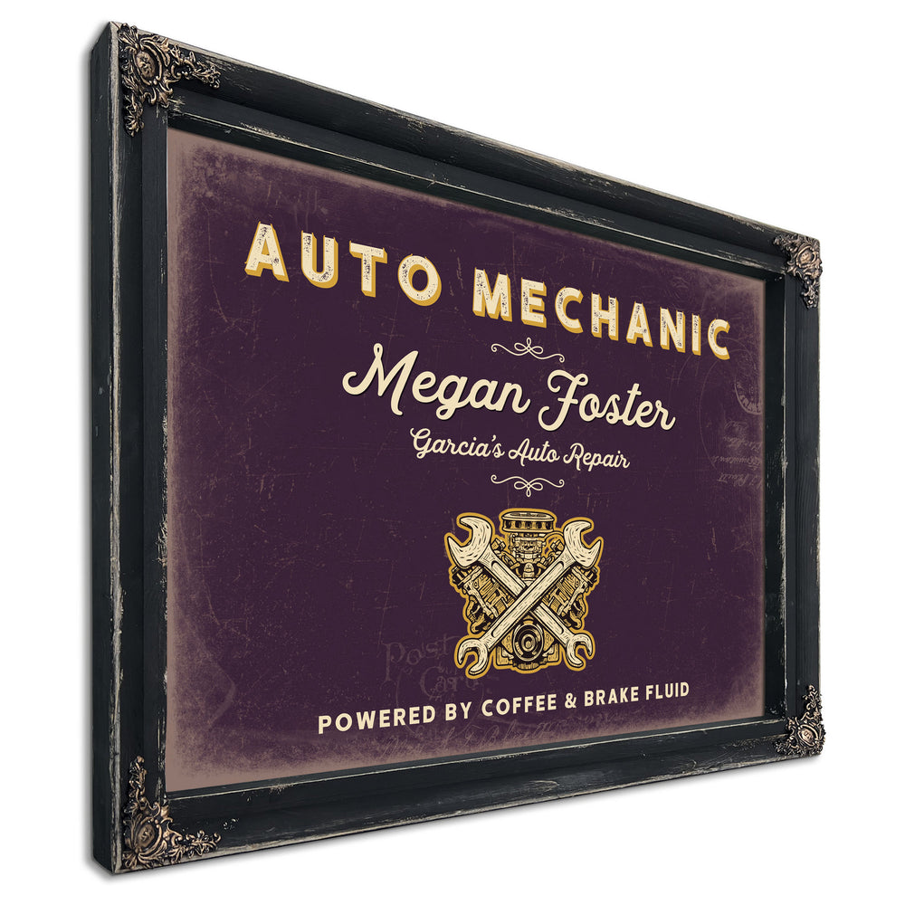 Personalized Auto Mechanic Sign, Powered by Coffee & Brake Fluid, Plum & Mustard, image 1
