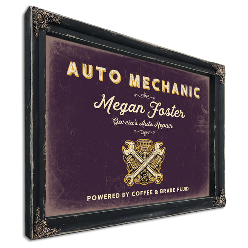 Personalized Auto Mechanic Sign, Powered by Coffee & Brake Fluid, Plum & Mustard, image 1