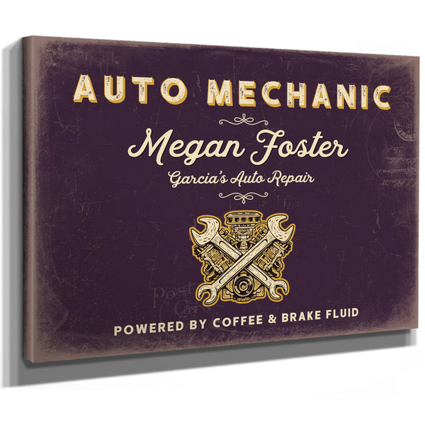 Personalized Auto Mechanic Sign, Powered by Coffee & Brake Fluid, Plum & Mustard, image 8