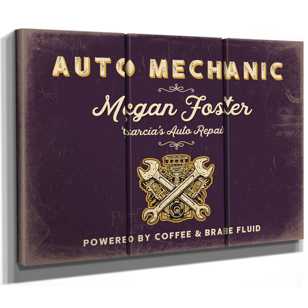 Personalized Auto Mechanic Sign, Powered by Coffee & Brake Fluid, Plum & Mustard, image 14