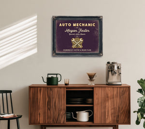 Personalized Auto Mechanic Sign, Powered by Coffee & Brake Fluid, Plum & Mustard, image 15